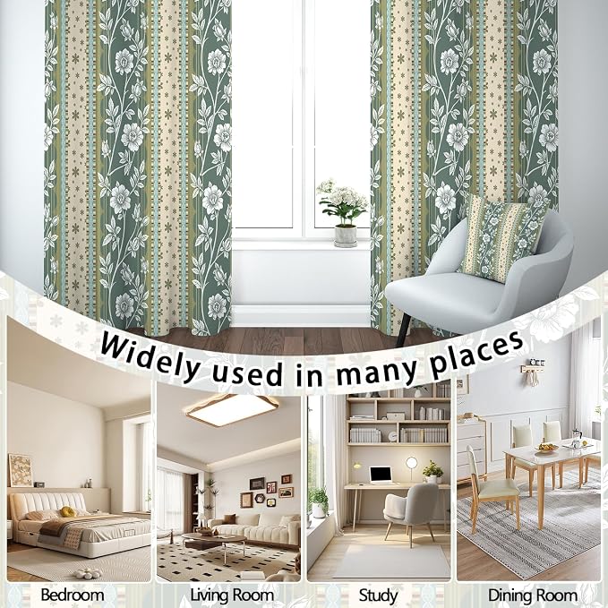 Boho Floral Striped Blackout Curtain, Vintage Botanical Wildflower Aesthetic Window Curtains Living Room Bedroom Decor Darkening Window Drapes Treatments, 2 Panels 52x84 Inch