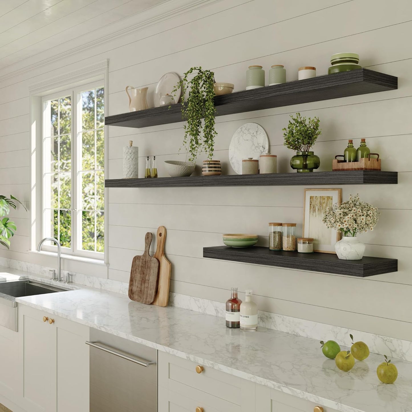 Large Floating Shelves for Wall Set of 3 Wooden Wall Shelves 30 in x 12.75 in x 2 in Room Decor Long Shelf with Invisible Wall Mount Bracket for Bedroom Kitchen Living Room Black Wood