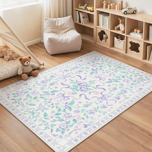 GENIMO 3X5 Washable Vintage Area Rugs for Living Room, Non-Slip Low Pile Chenille Print Rug, Soft Rugs for Bedroom Dining Room Home Office, Pastel Purple