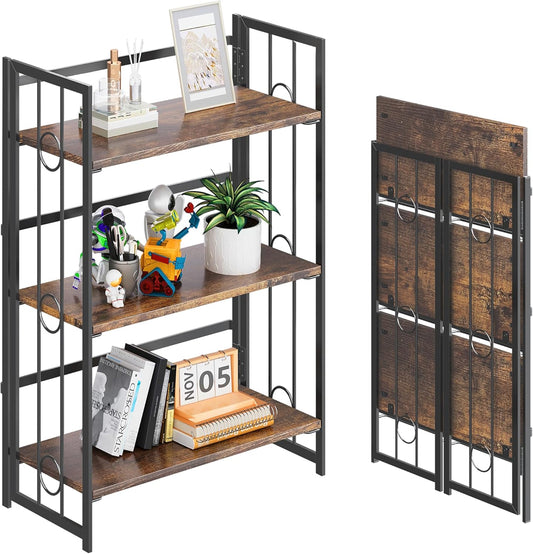 4NM No Assembly 3 Tiers Folding Bookshelf, 35" H Foldable Storage Shelves Vintage Bookcase Standing Racks Study Organizer Home Office - Rustic Brown Black