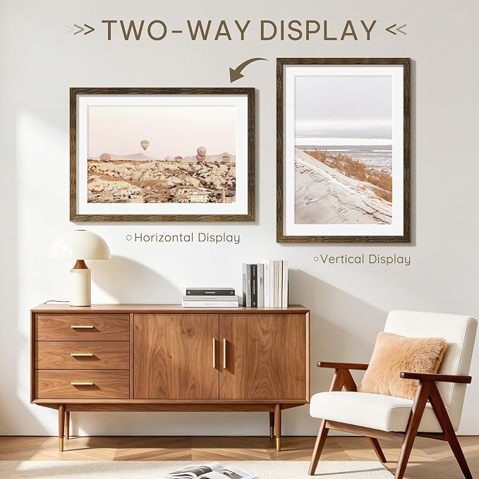 Picrit 19x27 Picture Frame 3 Pack, Wooden Brown Rustic Poster Frame, Display Poster 16 x 24 with Mat or 19 x 27 without Mat for Horizontal or Vertical Wall Mounting