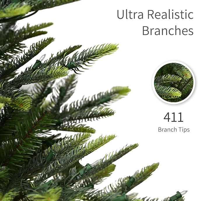 Puleo International 4.5ft Pre-Lit Aspen Fir Artificial Christmas Tree with 250 Clear Lights, 411 Realistic Dense Branch Tips, Easy Setup Artificial Trees with Sturdy Metal Stand