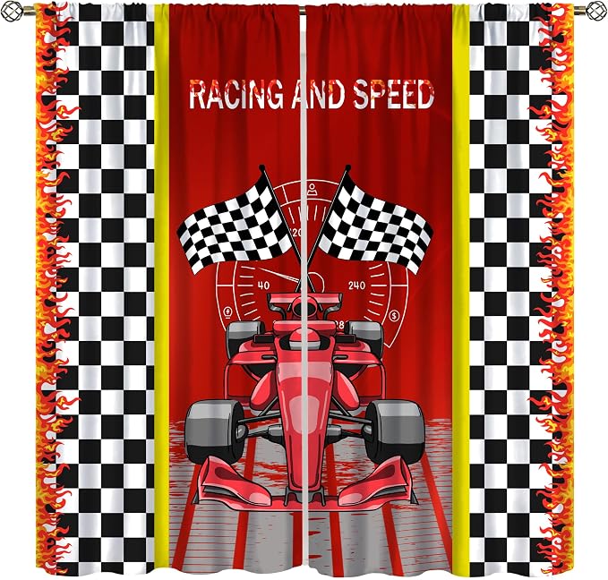 Racing Car Blackout Curtain,for Kids Boys Black Red White Start Flag Cartoon Race Cars Curtains Dining Room Living Room Kitchen Cafe Bedroom Office Nursery Drapes,42x54 in