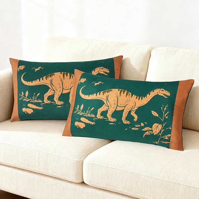 Dinosaur Print Throw Pillow Covers, Cozy Dutch Velvet Pillow Covers 12x20, Brown & Green Pillow Cases with Special Pattern for Sofa, Bed, Window, Adorable Home Decor (Set of 2, Only Covers)