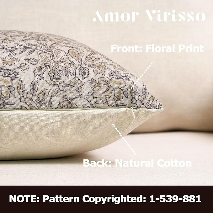 Amor Virisso Floral Throw Pillow Covers 20x20 Set of 2 Vintage Block Print Pillow Covers Decorative Pillow Covers Couch Pillows for Living Room Farmhouse Accent Sofa Pillows, Yellow/Sand