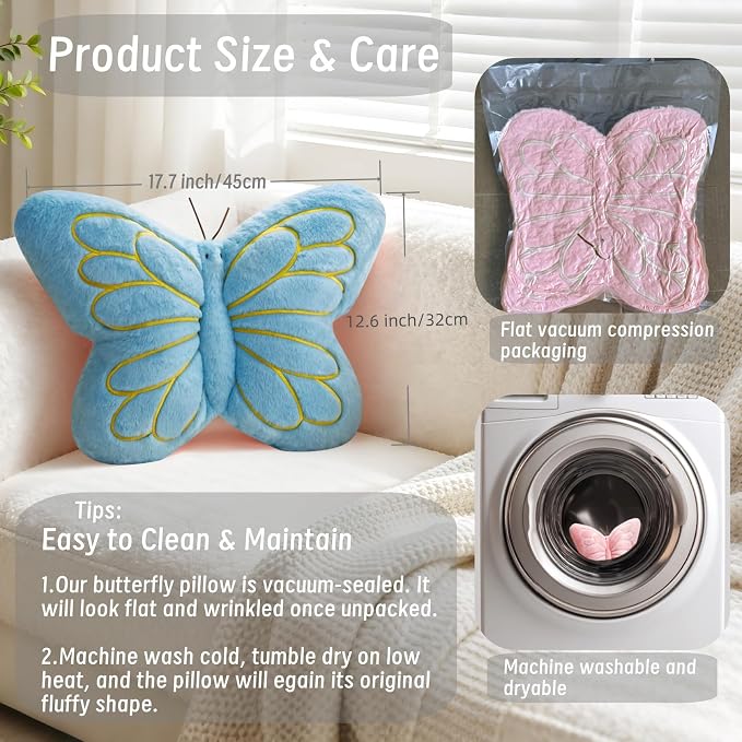 FALAX Blue Butterfly Shaped Pillow 17.7" Plush Decorative Throw Pillows | Soft Hugging Pillows, Comfort Seat Cushions, Aesthetics Room Decor, Cute Decorative Throw Pillows for Bedroom Couch Bed Dorm