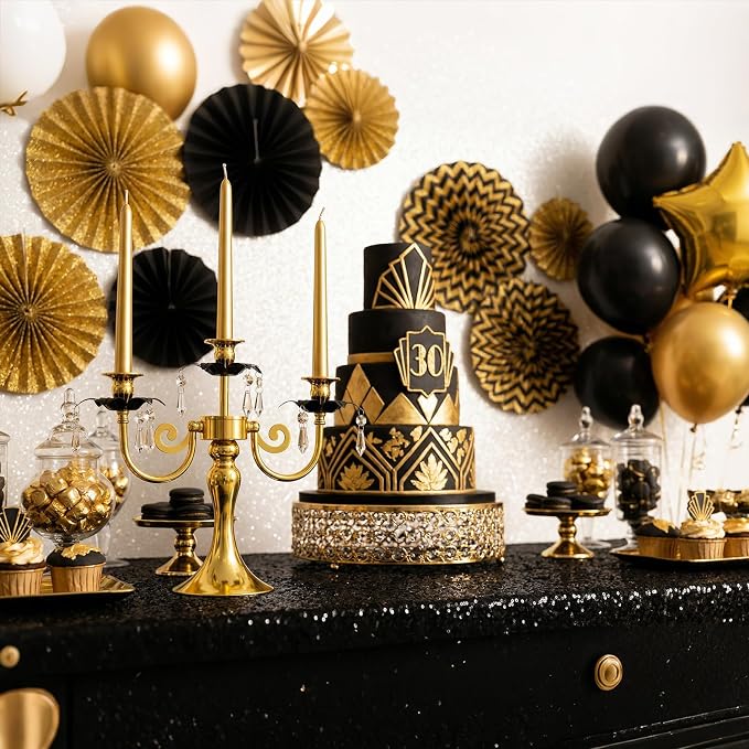 6 Pcs 3 Arm Black and Gold Candelabra Party Decorations - 11.8 Inch Tall Candle Holders, Elegant Taper Candlestick Stand for Wedding, Dining Table, Christmas Party Home Decoration