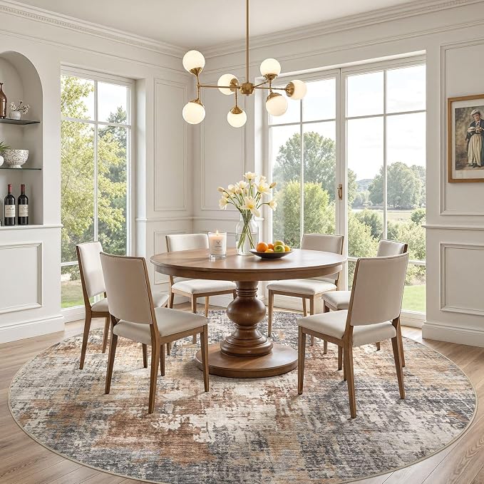 DMOYEST 10ft Round Area Rug Living Room Rugs - 10x10 Washable Circle Rug Large Soft Indoor Neutral Modern Abstract Low Pile Carpet for Bedroom Dining Room Farmhouse Home Office - Grey Brown