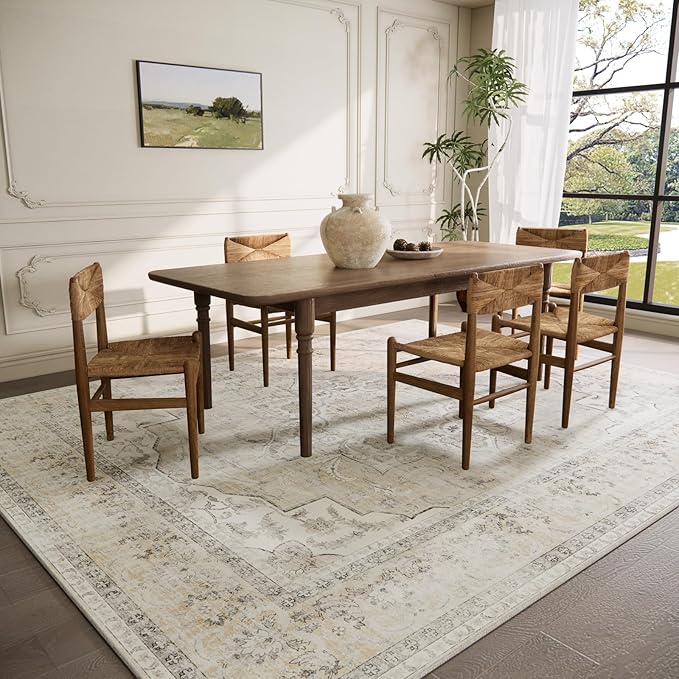 6x9 Area Rugs for Living Room: Washable Bedroom Rug Non Slip Low Pile Soft Faux Wool Non Shedding Distressed Vintage Boho Large Carpet for Dining Room Under Table Nursery Entryway Office Farmhouse