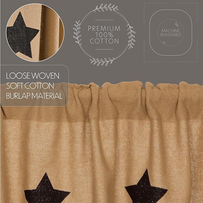 VHC Brands Burlap Natural with Black Stars Primitive 24"x36" Tier Pair Tan Rod Pocket Stenciled Cotton Kitchen Window Curtains