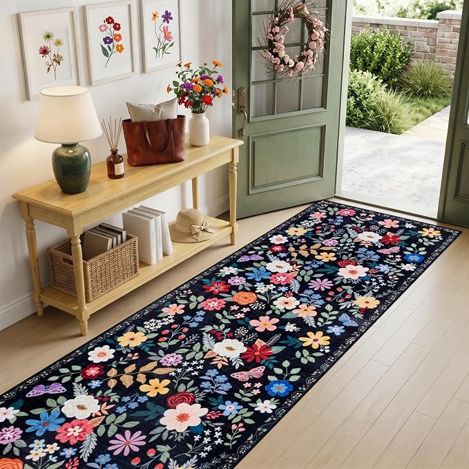 Runner Rug for Entryway: 3x10 Kitchen Rugs Non Slip Washable Ultra-Thin Soft Floral Carpet Indoor Floor Stain Resistant Carpets for Hallway Bedroom Kitchen Laundry Bathroom Dorm Black