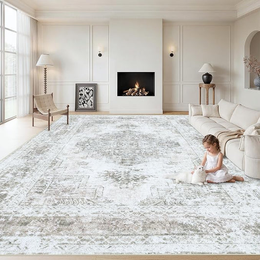 XLUEZ Area Rug 10x12 Living Room Rugs, Machine Washable Vintage Distressed Medallion Rug Non-Slip Soft Low Pile Large Indoor Rugs for Bedroom Kitchen Dining Room Office(Taupe,10'x12')