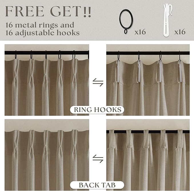 TWODRAPES Dark Flax Linen Curtains 120 Inches Long for Living Room Bedroom Pinch Pleated Back Tab Privacy Curtains 120 Inch Length 2 Panels Light Filtering Greige Tan Brown Farmhouse Drapes 10 FT