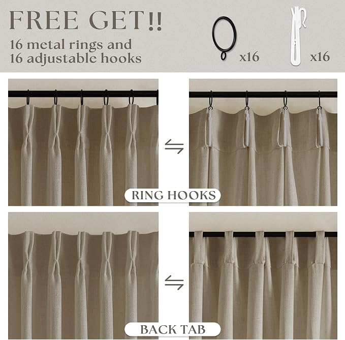 Extra Long Pinch Pleated Linen 108 Inch Curtains 2 Panels Set for Living Room Bedroom Farmhouse Tan Brown Cotton Flax Back Tab Memory Shape Pinch Pleat Ceiling Floor Window Curtains 9 FT Grey Beige