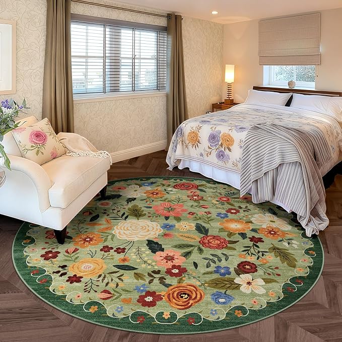 6ft Round Machine Washable Area Rug for Living Room, Light Green Vintage Boho Floral Rug Non-Slip Low Pile Soft Faux Wool Carpet Kids and Pets Friendly for Bedroom Nursery Farmhouse Home Decor Rug