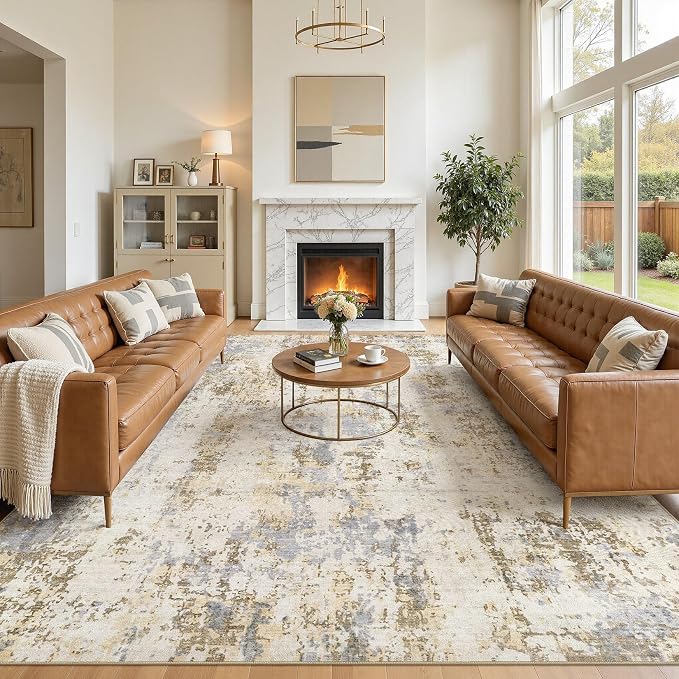 Area Rugs 10x14 Living Room: Washable Large Abstract Modern Neutral Soft Rug Stain Resistant Non-Slip Backing Carpet for Bedroom Dining Room Indoor Nursery Dorm Home Office Decor - Brown