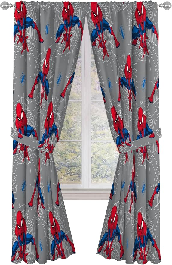 Jay Franco Window Curtains for Kids Bedroom 4-Piece Drape Set with 2 Tiebacks, Grey - Spiderman, 42" W x 84" L (Pack of 2)