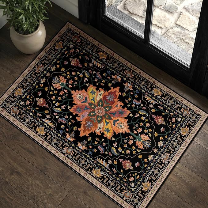 RELEANY Area Rugs Small 2'x3' Washable Non-Slip, Floral Vintage Distress Medallion Carpet for Kitchen Entryway Bathroom, Black Colorful Floral Dark Tan
