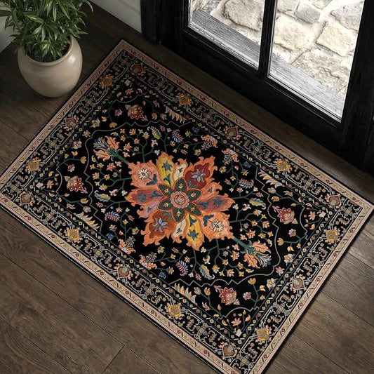 RELEANY Area Rugs Small 2'x3' Washable Non-Slip, Floral Vintage Distress Medallion Carpet for Kitchen Entryway Bathroom, Black Colorful Floral Dark Tan