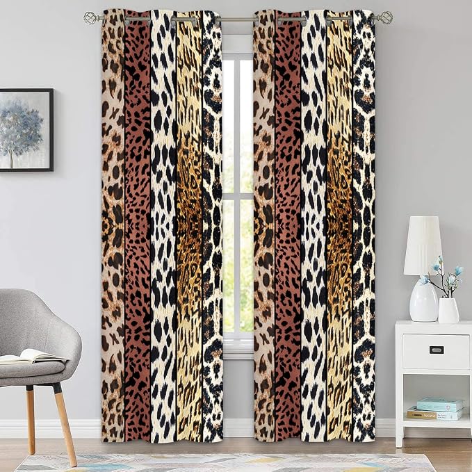 Wild Animal Print Curtain, Room Darkening Thermal Insulated Blackout Leopard Boa Window Drapes with Grommets for Living, Dining, Bedroom, Brown Leopard Print, 52"x 90", 2 Panels