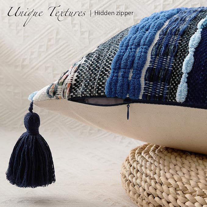 Kevin Textile 14x20 Inch Lumbar Throw Pillow Cover 1 Pack Boho Decorative Soft Chenille Thread Woven Tufted Textured Rectangle Cushion Case Farmhouse Accent for Living Room Couch Sofa Bed, Blue