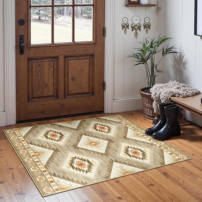 BESTSWEETIE Area Rug 2x5 Rug Machine Washable Non-Slip Low Pile Print Pattern Western Rug for Living Room Bedroom Entryway Tribal Series-Cream/Camel