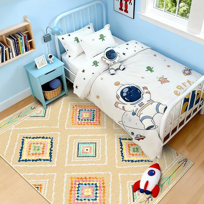 BESTSWEETIE Area Rug 6x9 Rug Machine Washable Non-Slip Low Pile Print Pattern Western Rug for Living Room Bedroom Entryway Tribal Series -Cream/Beige