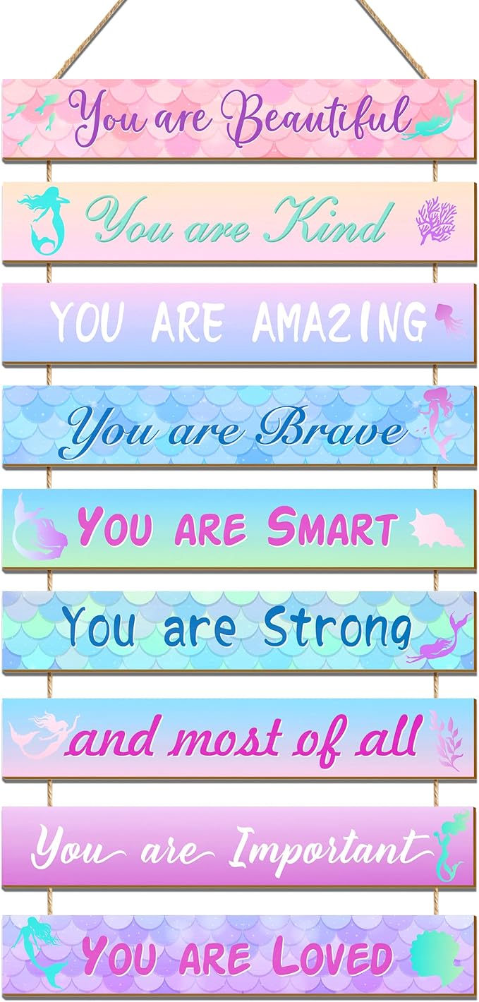 Mermaid Room Decor Set - 9 Pieces, Princess Bedroom Wall Decor, Inspirational Hanging Plaques for Kids & Nursery