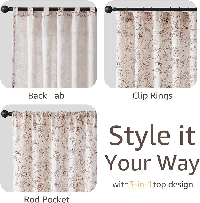 jinchan Floral Linen Curtains for Living Room 96 Inch Length Brown Flower Curtain Rod Pocket Back Tab Farmhouse Curtains with Printed Floral Bedroom Window Curtain Set, 2 Panels Brown
