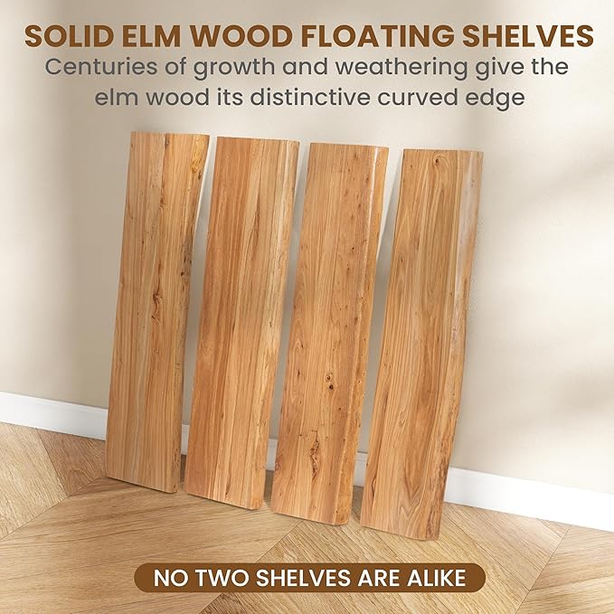 Floating Shelves for Wall, Rustic Solid Elm Wood Live Edge Floating Shelves Wall Mounted, Wall Shelves with Invisible Bracket for Living Room Bedroom Bathroom Kitchen, 15.7 Inch Set of 2, Natural