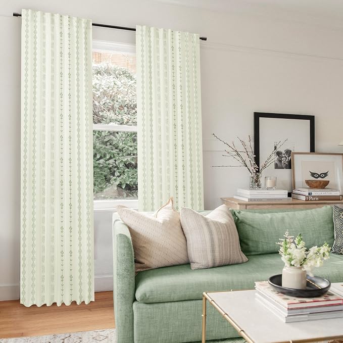 Lino Rosa Bathroom Curtains Window, Short Boho Floral Leaves Print Pattern, Sage Green and Cream, 2 Panel Sets, 45 Inch Length