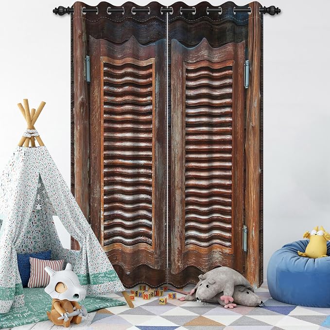 Rustic Wooden Barn Door Blackout Window Curtains Wood Planks Farm Farmhouse Curtains Country Retro Western Vintage Brown Window Treatments Kitchen Bedroom Living Room Decor,26x84 inch,2 Panels