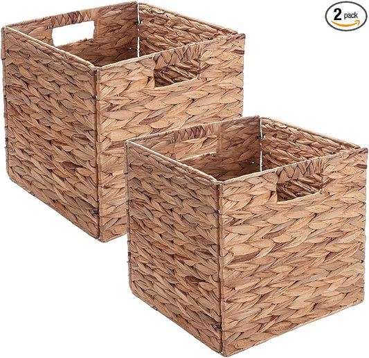 Set of 2 Wicker Storage Basket, Woven Baskets for Storage, Foldable Wicker Storage Baskets for Shelves, Cube Storage Bin for Shelves, Water Hyacinth Laundry Organizer Square Baskets, 12''x12''x12''