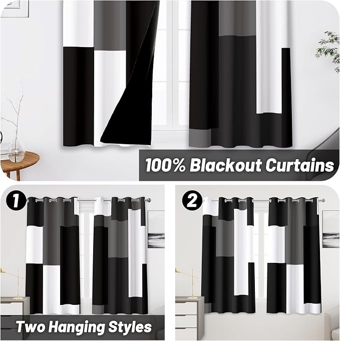 Tyrot Black Grey 100% Blackout Curtains 52 inch Length 2 Panels Set White Grey Modern Abstract Geometric Drapes for Kitchen Black Out Curtains Insulated Room Darkening Small Window Curtains, 52Wx45L