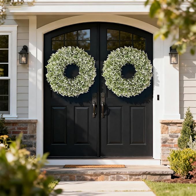 26" Large Artificial Boxwood Wreath for Front Door (White-Green) | Waterproof Fade Resistant,Premium Durable,Faux Aglaia Odorata Wreath,for Wall Window Farmhouse Outdoor All Seasons Decor