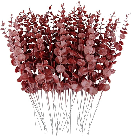 FEQO 36 Pcs Dark Red Eucalyptus Stems Artificial Leaves Faux Eucalyptus Stems Branches 15 inch for Wedding Bouquet Home Decor