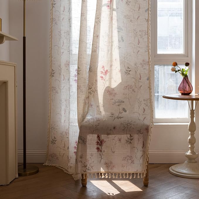 OYX Boho Floral Curtains 84 Inch, Farmhouse Floral Linen Drapes with Tassels, Light Filtering Semi Sheer Curtains for Living Room Bedroom, 2 Panels, Rod Pocket, 52Wx84L