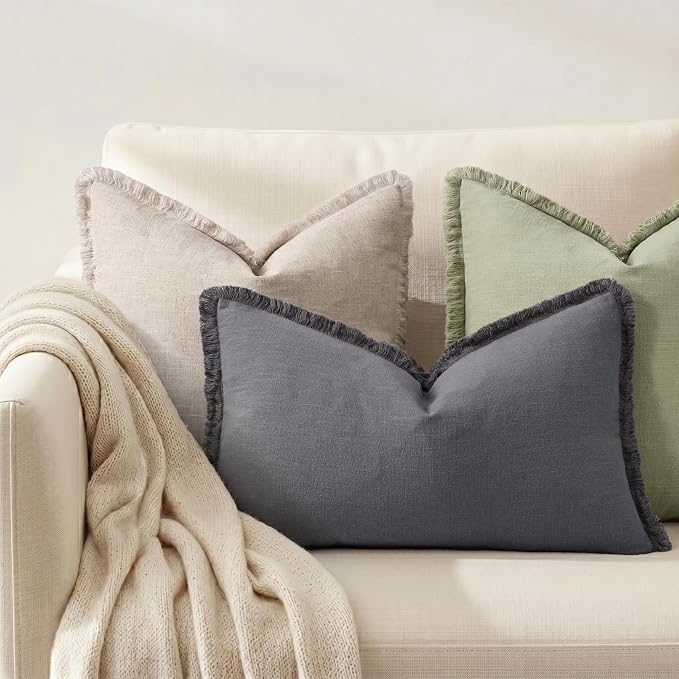 decorUhome Linen Fringe Lumbar Throw Pillow Covers Set of 2 Decorative Dark Grey Pillow Covers with Tassels Soft Accent Boho Farmhouse Pillow Cases for Couch Bed Sofa 12x20 Inch