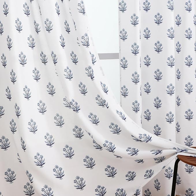 Blue and White Floral Curtains,Boho Pattern Navy Block Print Mughal Design Sheer Linen Farmhouse Nautical Curtains for Living Room Bedroom 84 Inch Length