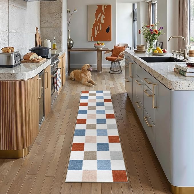 PureCozy Machine Washable 2x8 Runner Rug for Hallways Colorful Modern Soft Checkered Long Carpet Non-Slip Low Pile Indoor Accent Throw Rugs for Entrance Kitchen Bedroom Dining Laundry