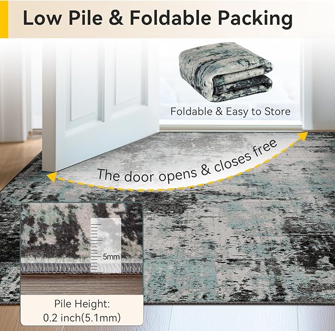 RELEANY Washable Area Rugs Square 8ft Non-Slip Modern Abstract Soft for Living Room Entryway Bedroom Kitchen, Print Pattern, Blue Black Teal