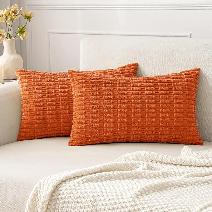 MIULEE Fall Pack of 2 Orange Corduroy Decorative Lumbar Pillow Covers 20x12 Inch Soft Boho Striped Throw Pillow Covers Modern Farmhouse Home Decor for Sofa Living Room Couch Bed