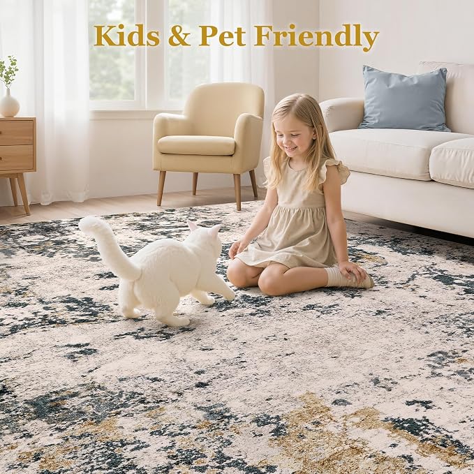 Area Rugs 5x7 Living Room: Washable Large Abstract Modern Neutral Soft Rug Stain Resistant Non-Slip Backing Carpet for Bedroom Dining Room Indoor Nursery Dorm Home Office Decor - Gold Grey