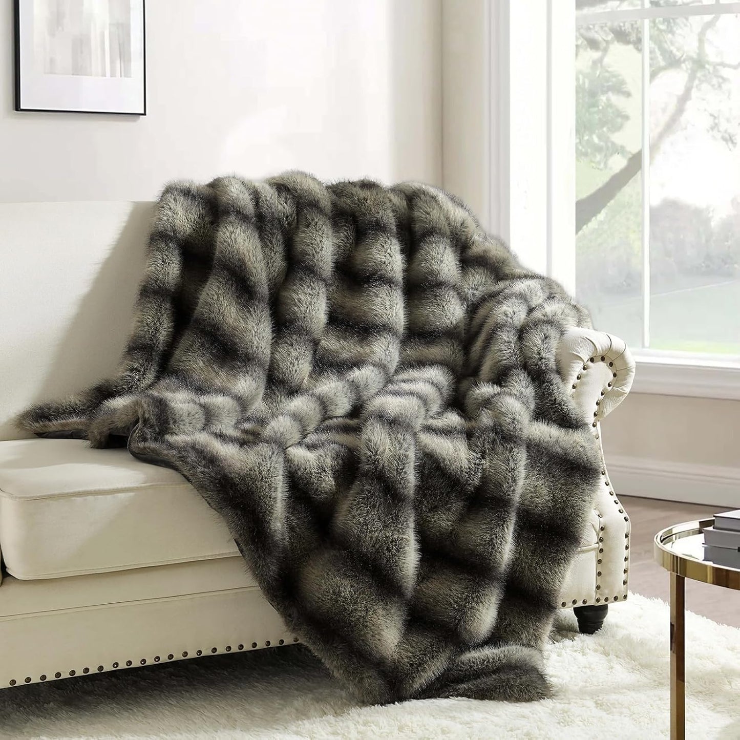 HORIMOTE HOME Luxury Faux Fur Throw Blanket, Non-Shedding 50"x60" Fur Blanket Throw, Ultra Soft Blankets for Bed, Couch and Sofa, Premium Soft, Thick Fluffy Throws, Gray Black Stripes