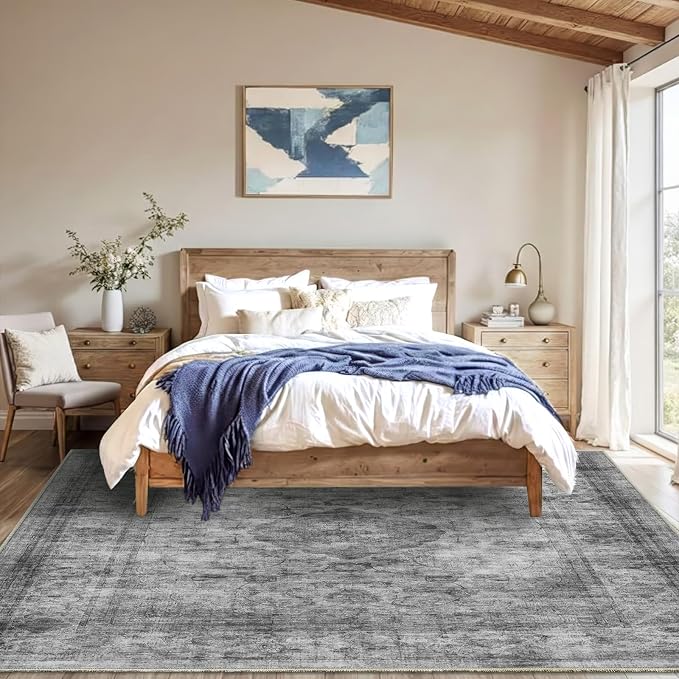 3x5 Area Rug for Living Room-Vintage Farmhouse Boho Floral Washable Stain Resistant Indoor Carpet for Bedroom Office and Home Decor(Ashen Black)