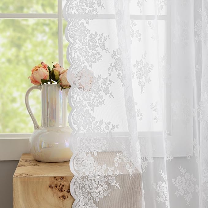 Kotile White Lace Curtains 72 Inch Length 2 Panels W52 x L72 Inch, Country Floral Vintage Lace Curtains for Living Rooom Bedroom, Rod Pocket Privacy Light Filtering Cottage White Sheer Curtain 6 FT