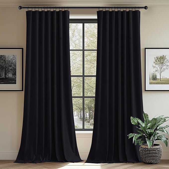 StangH Black Wide Curtains for Living Room Sliding Door 90 inches, 2 Panels | 300GSM Soft Heavy Velvet, Thick Privacy Room Dividers, Thermal Insulated, Noise Reducing, Bedroom, Home Office, Dining Room
