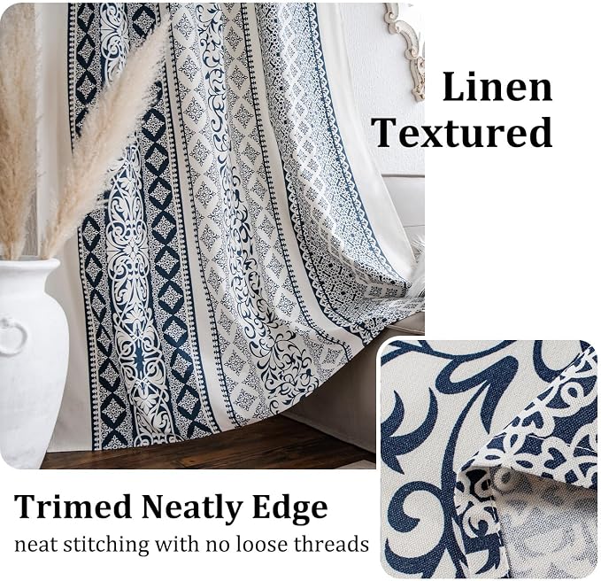 VOGOL Blue Boho Curtains for Living Room, Not See Through Geo Print Decorative Drapes for Kitchen Window, 1 Panel Linen Textured Rod Pocket Curtain for Bedroom, 28 x 84 Inches