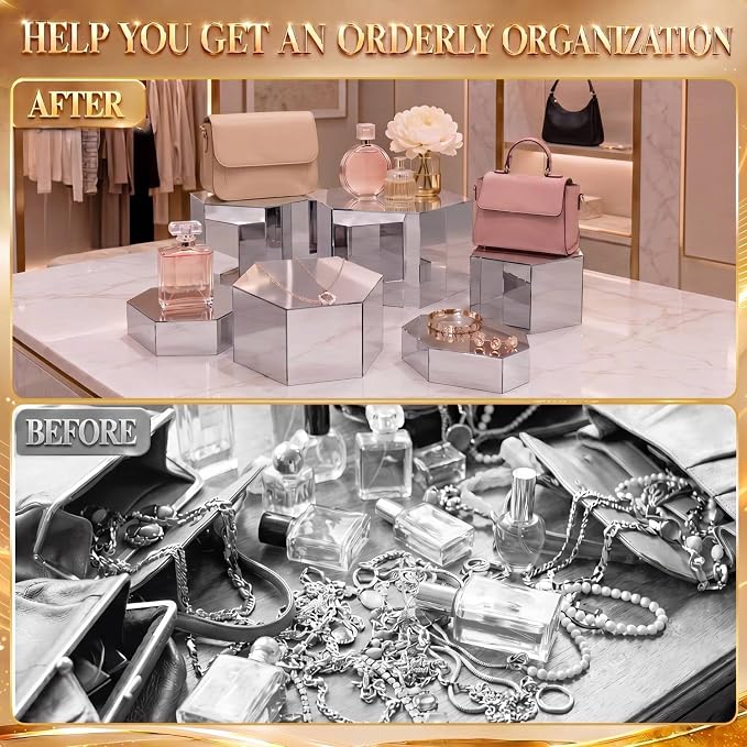 Geelin 6 Pack Acrylic Risers for Display Acrylic Cube Boxes Risers Display Stands with Hollow Bottoms Decorative Stand for Jewelry Candy Table Decor 6 Sizes (Sliver,7 to 12 Inch,Hexagonal)