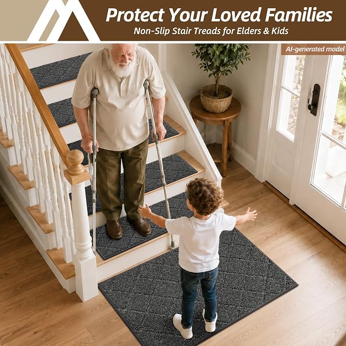 COSY HOMEER Edging Stair Treads Non-Slip Corner Indoor Stair Runners for Wooden Steps,Landing Slip Resistant Stair Rugs for Kids and Dogs, 100% Polyester TPE Backing,Black,20"X32"